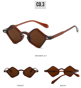 Multi-angle views of amber geometric triangle sunglasses with dark brown lenses