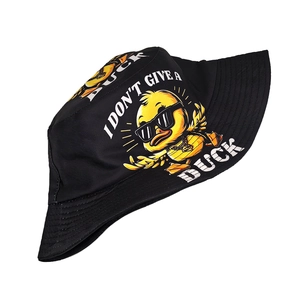 Black bucket hat with cool duck illustration and I DON'T GIVE A DUCK text slogan