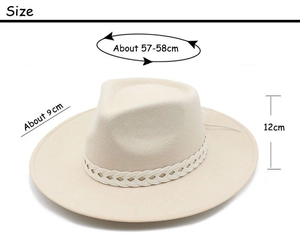 Detailed size chart for beige wool fedora hat with dimensions 57-58cm head circumference