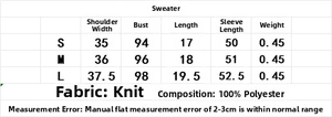 Detaillierte Größentabelle für Tweed-Strickpullover mit Maßen für die Größen S M L