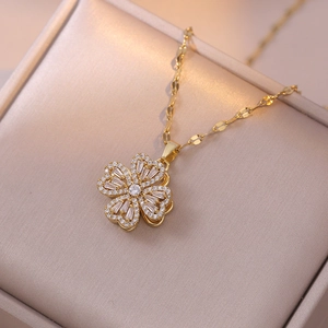 Rotating Four Leaf Clover Heart Necklace Stainless Steel Zircon Micropave Lucky Jewelry For Women