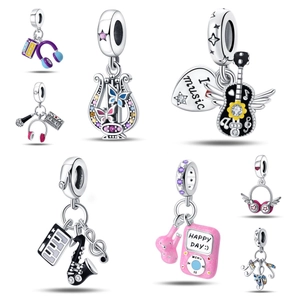 Music Theme Dangle Charms Silver Plated Enamel Zircon For DIY Bracelet Necklace Guitar Headphone Piano Saxophone Style