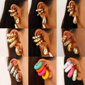 C-Shape Ear Cuffs And Stud Earrings Alloy Copper Water Drop Textured Non Pierced Clip On Jewelry For Women Fashion Minimalist Style