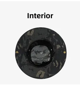 Detail of camouflage boonie hat interior featuring breathable mesh lining and wind cord