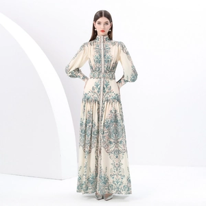Vintage high-neck long dress with puff sleeves and baroque floral print in ivory