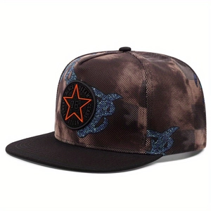 Flat brim snapback hat with mesh texture and star embroidery with number 76