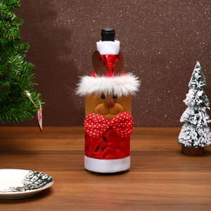 Housse de bouteille de vin renne de Noël avec peluche brune et décoration de nœud rouge