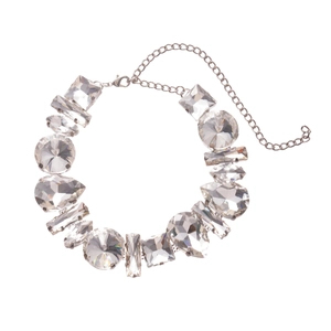 Luxe crystal geometric collar necklace with teardrop and square stones on silver chain