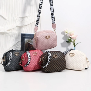 PU Leather Crossbody Bag With Heart Metal Buckle Wide Patterned Shoulder Strap Retro Monogram Print Shell Shape Women
