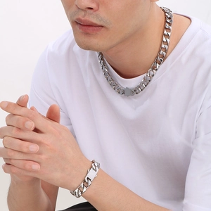 Men's heavy silver stainless steel 13mm Cuban link chain necklace and bracelet set