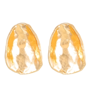 Detailed view of gold irregular oval earrings with hammered texture and metallic luster