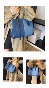 Detail shots of large patchwork denim tote bag showing side view and carrying style