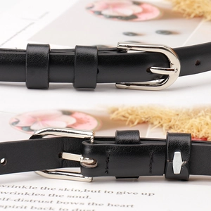 Women's minimalist black leather belt with silver alloy buckle for dresses and blazers