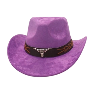 Close-up of purple faux suede cowboy hat with metal bull head buckle and brown stitching