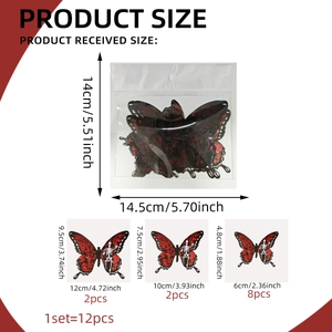 Size chart showing 12pcs 3D skull rose butterfly stickers with exact dimensions in cm and inch