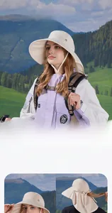 Detail view of beige outdoor sun hat with wide brim, neck flap and pony tail hole