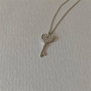 Minimalist 925 sterling silver heart key pendant necklace with cubic zirconia