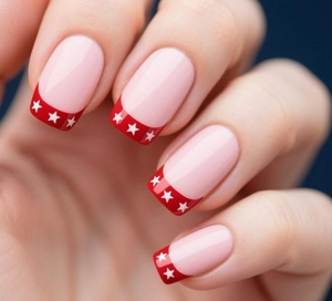 Macro shot of red French tip press-on nails with white star patterns on a nude base