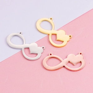 Polished stainless steel infinity heart charms in silver, gold, and rose gold finishes