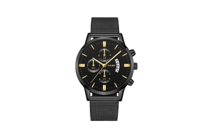 Detail of black quartz watch face with gold hands, calendar window and mesh strap