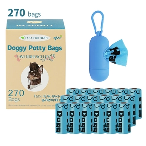 Blue pet waste bag kit with dispenser showing leak-proof design and lavender scent feature