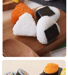 Macro detail of realistic mini rice balls with seaweed and salmon textures in a Japanese set
