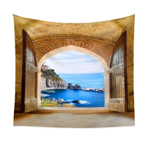 Détail de la tapisserie bohème vue mer avec arcade et impression numérique haute définition