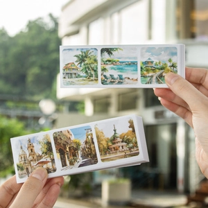 Hands holding travel scenery watercolor stickers in a portable landscape orientation booklet