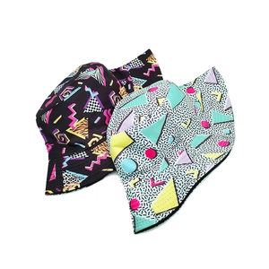 Retro geometric print bucket hats in black and beige canvas, vintage street style