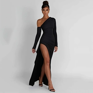 Elegant black off-the-shoulder long sleeve dress featuring a sexy high side slit detail