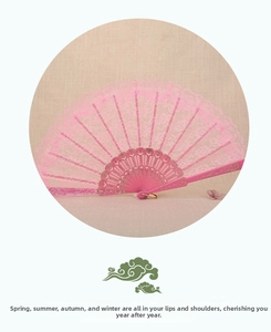 Detailed view of pink floral lace folding fan with decorative hollow resin frame