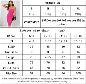 Size chart and fabric composition for bodycon mini dress showing UK US EU measurements