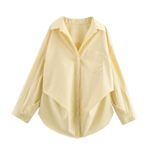 Detailed view of the pale yellow striped shirt with turn-down collar and single chest pocket