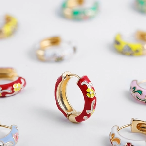 Colorful enamel floral hoop earrings in vintage Chinese style with gold-plated finish