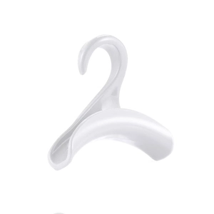 Arched handbag storage hook in white plastic designed for closet bag strap protection