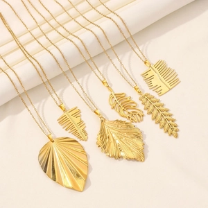 Set of minimalist 304 stainless steel leaf pendant necklaces in matte golden finish