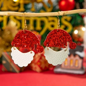 Boucles d'oreilles de Noël avec bonnets rouges pailletés et barbes blanches en cuir fin