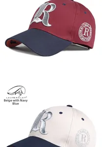 Close-up of retro baseball cap with 3D letter R embroidery and round side badge