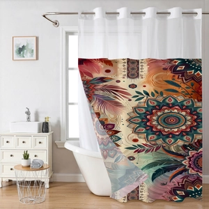 Bohemian mandala and feather print waffle shower curtain with hooks for bathroom