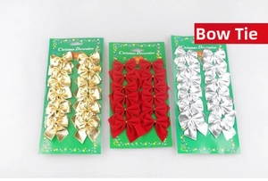 Detail view of 36-piece Christmas bows set in red, gold and silver on packaging card