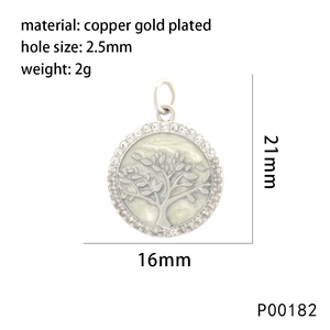 Gold plated tree of life round pendant with zircon inlay and product measurements