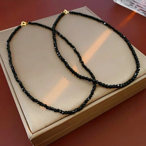 Black Faceted Crystal Beaded Necklace Minimalist Round Dainty Choker For Women Elegant Vintage Korean Fashion Jewelry