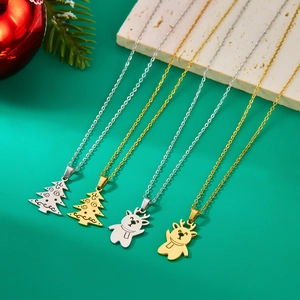 Christmas tree and reindeer pendants on stainless steel necklaces in gold and silver finish