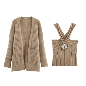 Women's khaki knit set with a long-sleeve cardigan and a rhinestone-buckle tank top