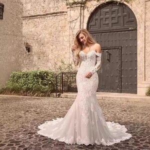 Elegant off-the-shoulder lace mermaid wedding dress with long sleeves and cathedral train