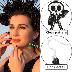 Halloween glitter bat and skeleton earrings set shown with model wear and hook details