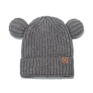 Kids Knitted Beanie Hat With Bear Ears Acrylic Thick Warm Winter Cap For Toddler Boys Girls Ribbed Maple Leaf Patch