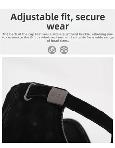Detail of adjustable metal buckle on washed black baseball cap for a secure custom fit