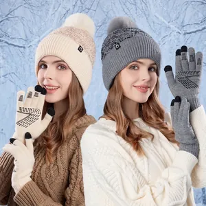 Winter Beanie Hat And Touchscreen Gloves Women Acrylic Knit Fleece Lined Pom Pom Warm Outdoor Cold Weather