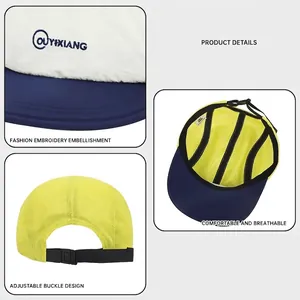 Breathable color-block camper hat with mesh panels and adjustable buckle for outdoor sports
